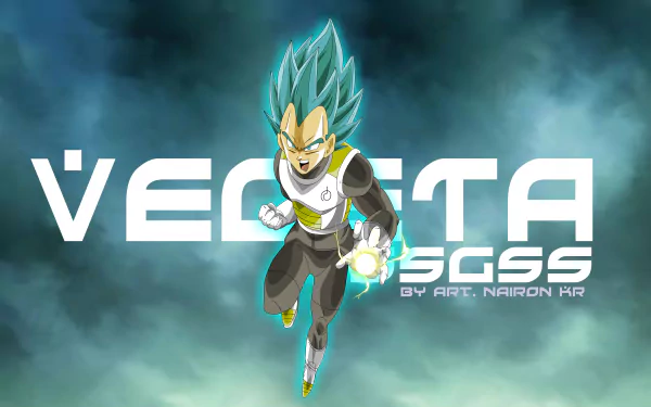 HD wallpaper featuring SSGSS Vegeta from Dragon Ball Super, showing the Saiyan in dynamic action with glowing energy, set against a cloudy background with the name Vegeta prominently displayed.