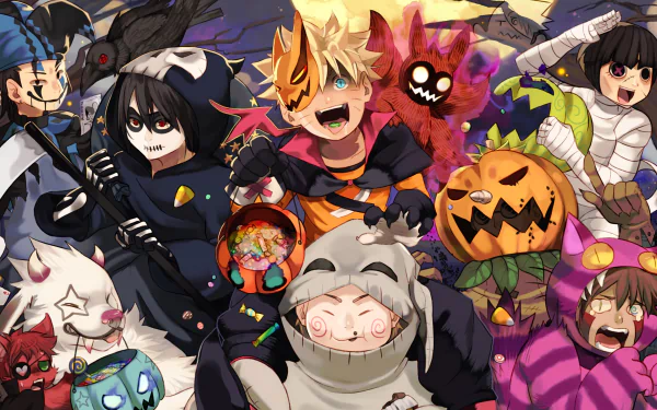 A vibrant HD desktop wallpaper featuring characters from Naruto, including Kakashi Hatake, Rock Lee, Shino Aburame, Kiba Inuzuka, Kurama, Naruto Uzumaki, Chōji Akimichi, Shikamaru Nara, Sasuke Uchiha, and Gaara in festive costumes.