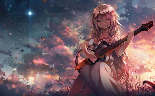 A captivating HD wallpaper featuring IA, a character from Vocaloid, playing a guitar at sunset beneath a stunning night sky filled with clouds. The art embodies an Anime style.