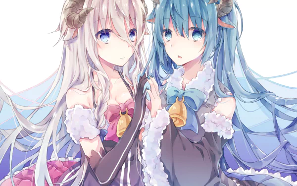 Two anime characters, one with blue hair and the other with white hair, both having blue eyes, horns, and animal ears, wearing skirts, gloves, and bows. HD desktop wallpaper featuring Vocaloids IA and Hatsune Miku.