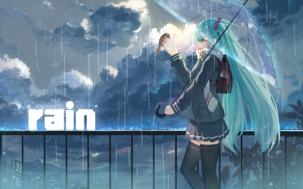 An HD wallpaper featuring Hatsune Miku from Vocaloid, with long hair, standing under an umbrella in the rain. The image has a beautiful anime style, set against a background of dark, rainy skies.