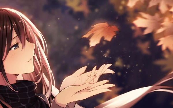 Anime girl with long brown hair and brown eyes, smiling and wearing a scarf, surrounded by fall leaves. This HD desktop wallpaper captures an autumn atmosphere with warm colors and a serene expression.