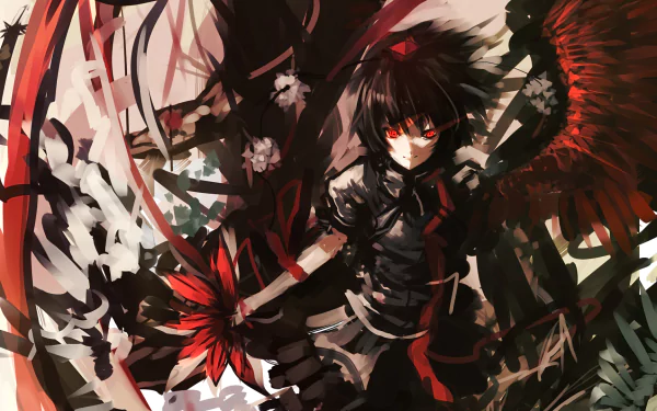 HD desktop wallpaper featuring Aya Shameimaru from Touhou with intricate black and red wings, holding a red flower. Anime-style art with dynamic strokes and vibrant colors.