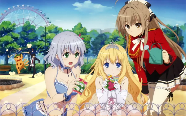 A vibrant HD desktop wallpaper featuring Moffle, Muse, Latifa Fleuranza, Seiya Kanie, and Isuzu Sento from the anime Amagi Brilliant Park, set in a colorful amusement park.