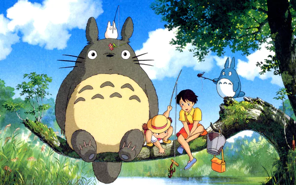HD wallpaper featuring Totoro, Mini Totoro, Mei Kusakabe, and Satsuki Kusakabe from Studio Ghibli's My Neighbor Totoro.