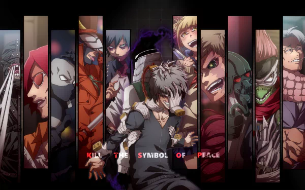 HD desktop wallpaper featuring characters from My Hero Academia: Muscular, Moonfish, The Broker, Atsuhiro Sako, Shuichi Iguchi, Kenji Hikiishi, Jin Bubaigawara, Dabi, Kurogiri, Tomura Shigaraki, and Himiko Toga.