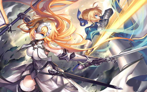 HD desktop wallpaper featuring Artoria Pendragon and Jeanne d'Arc from the Fate series in dynamic battle poses, wielding swords, with detailed armor and long hair, set against a dramatic background.