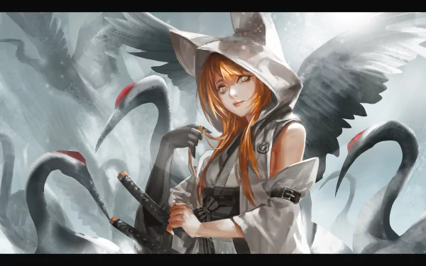 Fantasy anime character with animal ears, green eyes, and long blonde hair, dressed in Japanese clothes, holding a katana. She smiles softly, surrounded by cranes and dark wings. HD desktop wallpaper.