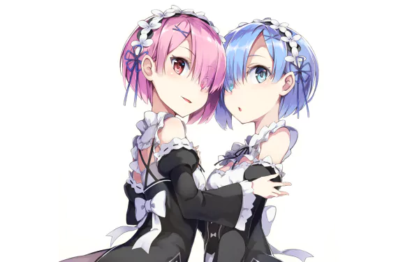 HD desktop wallpaper featuring anime twins Rem and Ram from Re:Zero - Starting Life in Another World, with Ram having pink hair and eyes, and Rem having blue hair and eyes, in maid outfits.