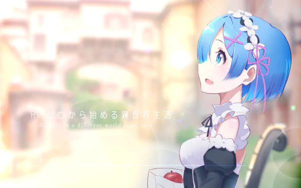 A HD desktop wallpaper featuring Rem, an anime character from Re:Zero - Starting Life in Another World, with blue hair and blue eyes, set against a soft, picturesque background.