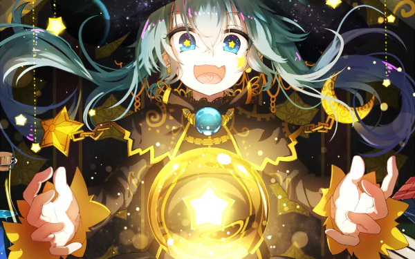 HD desktop wallpaper featuring Hatsune Miku from Vocaloid. The anime-style image showcases her in a magical setting with glowing stars and a celestial background.