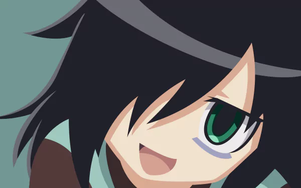 A vibrant HD wallpaper featuring Tomoko Kuroki from the anime Watamote, showcasing her distinctive hairstyle and expressive green eyes against a simple background.