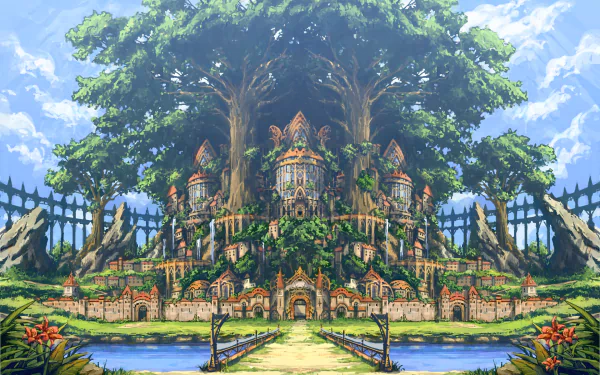 HD anime wallpaper featuring a picturesque town with intricate buildings nestled within and around a massive, majestic tree. The scene includes a bridge leading into the vibrant town under a bright, blue sky.