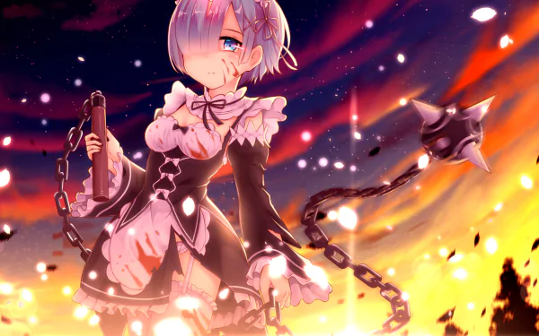 HD wallpaper featuring Rem from Re:Zero, a blue-haired, horned maid with short hair and blue eyes, holding a chain weapon against a night sky backdrop.