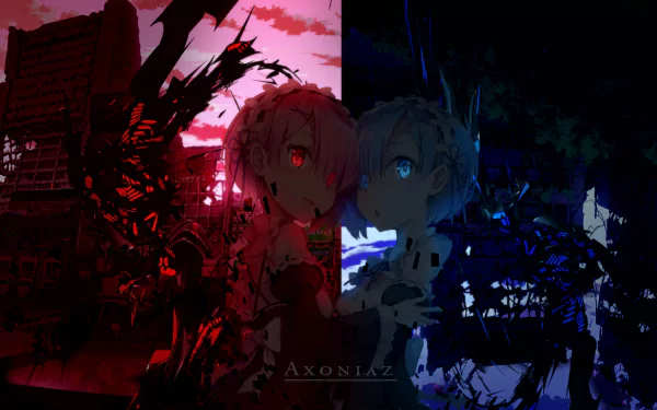 HD wallpaper featuring twins Ram and Rem from the anime Re:Zero - Starting Life in Another World, depicted in contrasting red and blue hues, set against a dramatic backdrop.