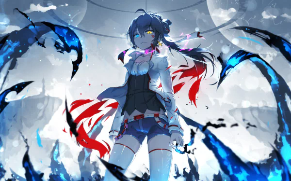 HD desktop wallpaper featuring an anime character with heterochromia and long blue hair in a dynamic, fantasy setting from Pixiv Fantasia T. The character stands amid vibrant blue and red accents.