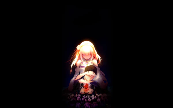 HD desktop wallpaper featuring Subaru Natsuki and Emilia from Re:Zero - Starting Life in Another World anime, with Emilia comforting Subaru in a glowing, dark-themed background.