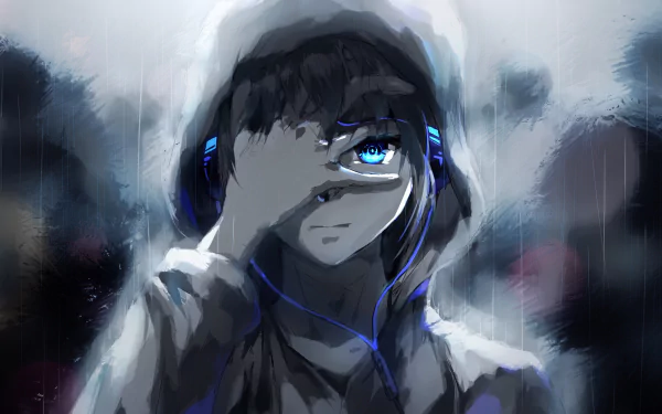 An original anime HD desktop wallpaper featuring a character with blue eyes, partially covered by their hand, standing in the rain.