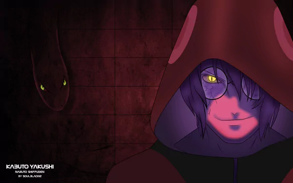 HD desktop wallpaper of Kabuto Yakushi from the anime Naruto, depicting him with a hood and glowing yellow eyes, against a dark, eerie background featuring a sinister snake.