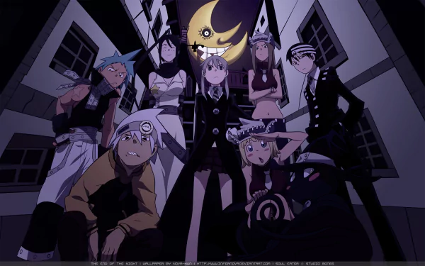A dynamic group of characters from the anime Soul Eater poses dramatically against a dark, moody background featuring a crescent moon, suitable as an HD desktop wallpaper.