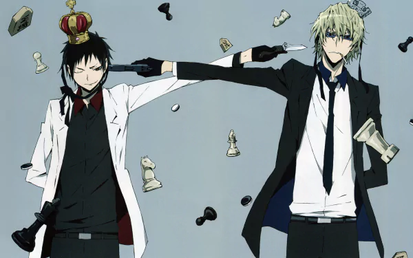 High-definition wallpaper featuring Shizuo Heiwajima and Izaya Orihara from the anime Durarara!!. The characters are portrayed in a dynamic standoff against a backdrop of scattered chess pieces.