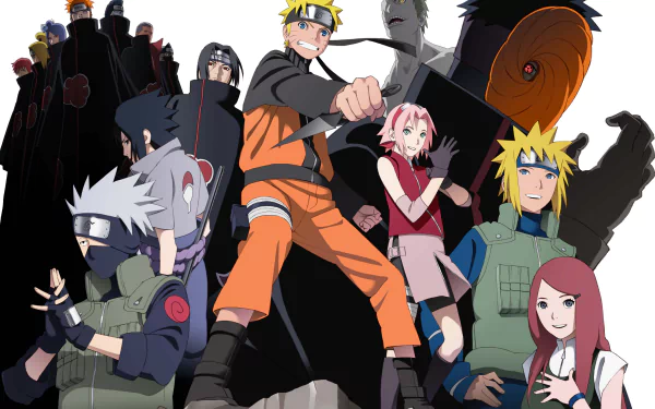 HD desktop wallpaper featuring characters from the anime Naruto, including Naruto Uzumaki, Sakura Haruno, Kakashi Hatake, and other notable figures from the series.