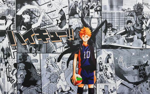 HD desktop wallpaper and background featuring Shōyō Hinata from the anime Haikyū!!, standing with a volleyball against a collage of manga panels.