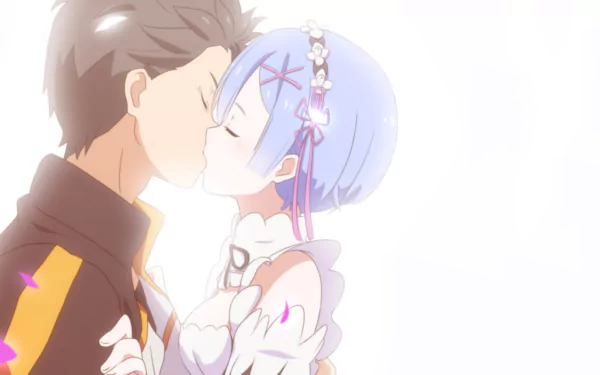 An HD desktop wallpaper featuring a tender kiss between Subaru Natsuki and Rem from the anime Re:Zero - Starting Life in Another World. Rem with her short blue hair and floral headband is embracing Subaru.