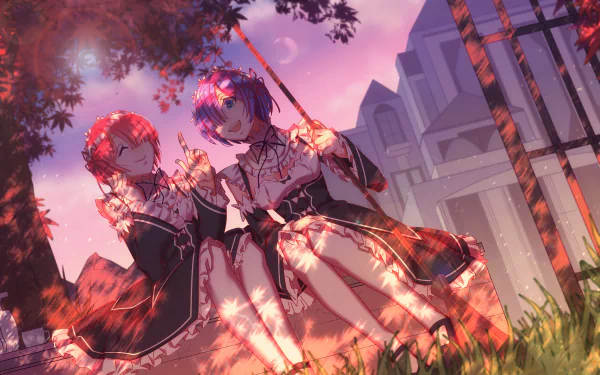 HD desktop wallpaper of Ram and Rem from the anime Re:Zero - Starting Life in Another World, sitting together under a tree with a building in the background, bathed in warm evening light.