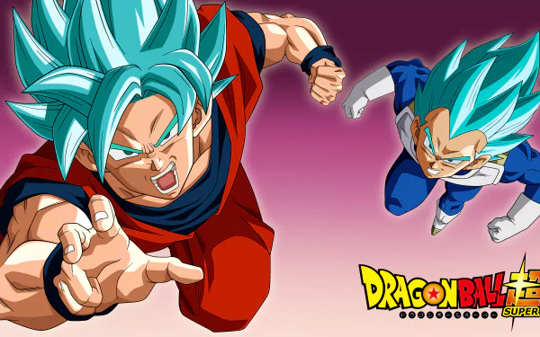 HD wallpaper featuring Goku and SSGSS Vegeta in their Super Saiyan Blue forms from Dragon Ball Super. The Dragon Ball Super logo is displayed at the bottom right corner.