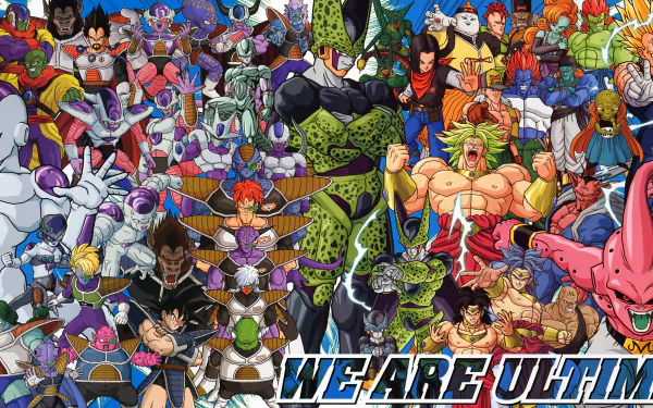 A vibrant HD wallpaper featuring a dynamic collage of characters from Dragon Ball Super, showcasing iconic heroes and villains in an action-packed scene.