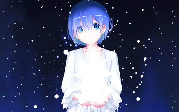 HD desktop wallpaper featuring Rem from the anime Re:Zero - Starting Life in Another World, standing against a starry night sky, glowing softly while holding a bright, radiant star.