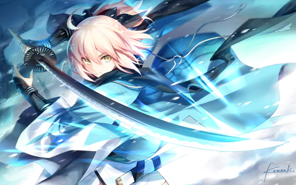 HD desktop wallpaper featuring Sakura Saber, also known as Okita Souji, from Fate/KOHA-ACE. The anime character is depicted in a dynamic pose, wearing a kimono and wielding a katana.