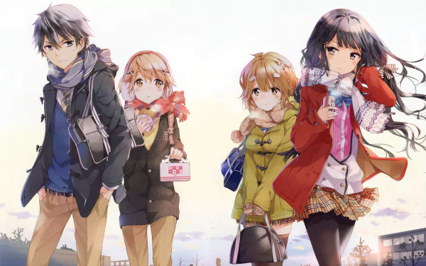 HD desktop wallpaper featuring characters from Masamune-kun's Revenge - Masamune Makabe, Kojuurou Shuri, Yoshino Koiwai, and Aki Adagaki. They are dressed in winter attire including jackets and scarves.