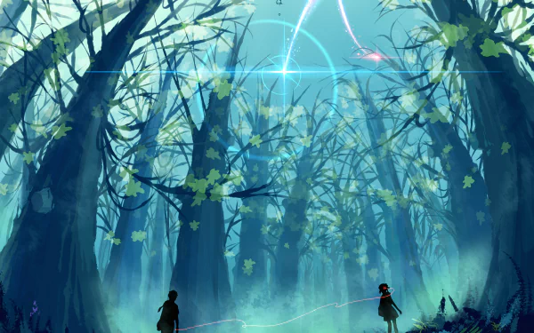 HD desktop wallpaper featuring characters Taki Tachibana and Mitsuha Miyamizu from the anime Your Name. They stand in a mystical forest with a bright light in the sky.