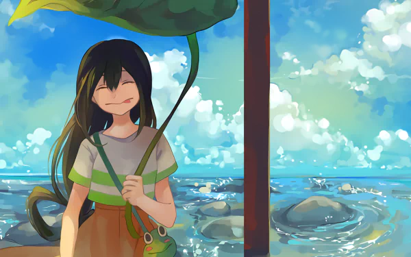 HD wallpaper featuring Tsuyu Asui from My Hero Academia holding a leaf by the ocean, with a bright blue sky filled with fluffy clouds in the background.