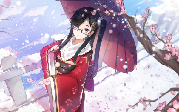 Anime-style HD wallpaper of a geisha with black long hair, aqua eyes, and glasses, wearing a kimono. She holds an umbrella in a snowy winter scene with blossoms, featuring oriental elements.