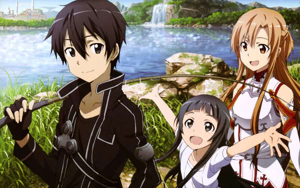Kirito, Asuna Yuuki, and Yui from Sword Art Online are depicted in this vibrant HD desktop wallpaper, standing by a serene lakeside with a waterfall and lush greenery in the background.