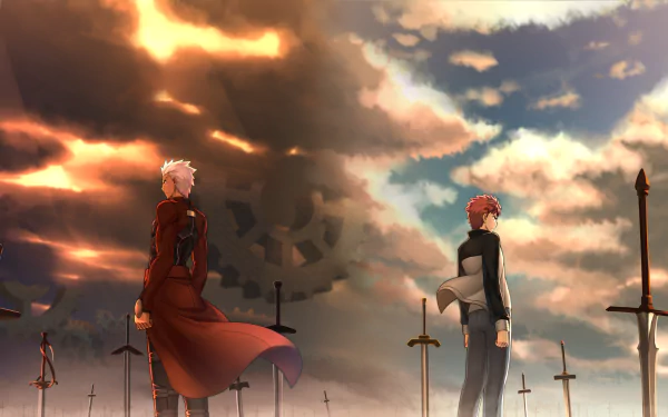 Shirou Emiya and Archer from Fate/Stay Night: Unlimited Blade Works stand back-to-back in an HD wallpaper, surrounded by swords with a dramatic sky as the backdrop.
