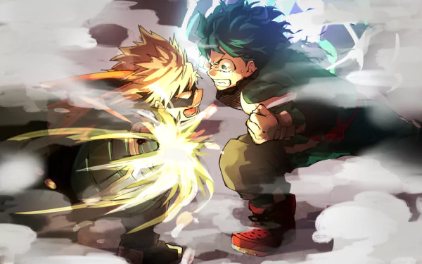 HD desktop wallpaper featuring Katsuki Bakugou and Izuku Midoriya from the anime My Hero Academia in an intense face-off, surrounded by dynamic energy and vivid colors.