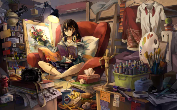 Anime girl sitting in a cozy, cluttered room, reading a book. The room features a lamp, easel, headphones, and various art supplies, creating a creative and vibrant atmosphere. HD desktop wallpaper.