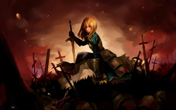 HD desktop wallpaper of Saber from the Fate Series, specifically from Fate/Stay Night. The scene depicts Saber with swords around her in a battle-ravaged field, set against a dramatic sky.