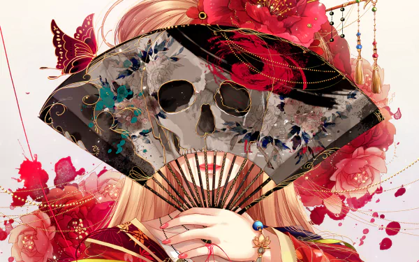 An anime-styled HD wallpaper featuring a blonde character holding a fan with a skull design, surrounded by flowers and butterflies.