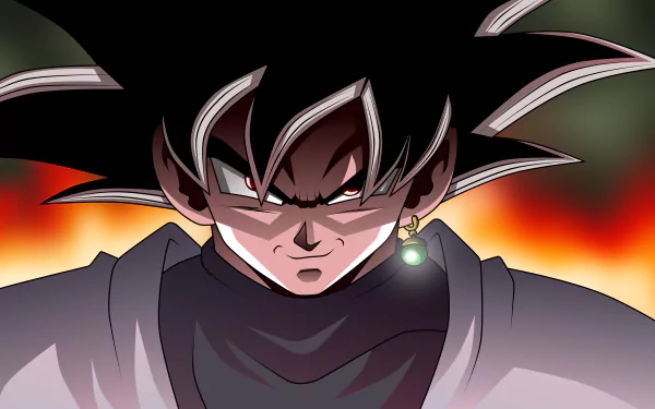 HD desktop wallpaper and background featuring Black Goku from Dragon Ball Super. The character is shown with a stern expression against a fiery backdrop, highlighting the intense and dramatic scene.