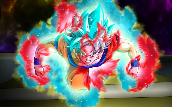 HD wallpaper featuring Goku from Dragon Ball Super in an intense, dynamic pose, surrounded by blue and red energy auras. The vivid background enhances the powerful depiction from the anime series.