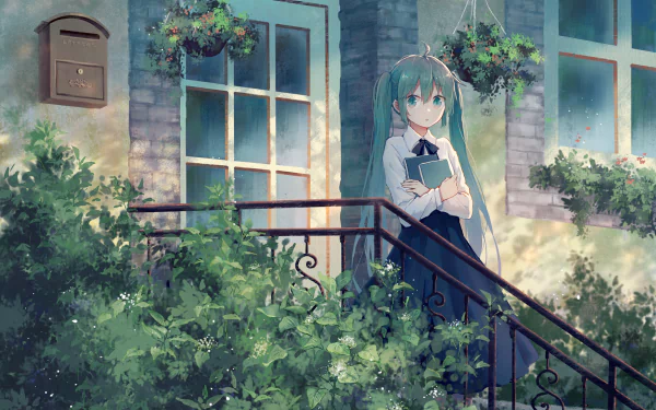 HD desktop wallpaper featuring Hatsune Miku, a popular Vocaloid character, standing on a lush, green balcony in front of a scenic brick building.