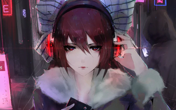 Anime character with long brown hair, red eyes, and headphones in a HD wallpaper. The character has brown eyes and wears a fur-lined jacket. The background features a neon-lit urban setting.