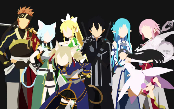 HD desktop wallpaper featuring characters from Sword Art Online: Yui, Asuna Yuuki, Kirito, Lisbeth, Leafa, Silica, Sinon, and Klein. The characters are depicted in a minimalist style.