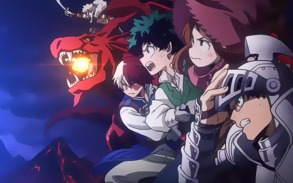 HD desktop wallpaper featuring characters Tenya Iida, Ochaco Uraraka, Izuku Midoriya, Shoto Todoroki, and Katsuki Bakugou from My Hero Academia, engaged in an epic scene with a fierce, fire-breathing dragon.