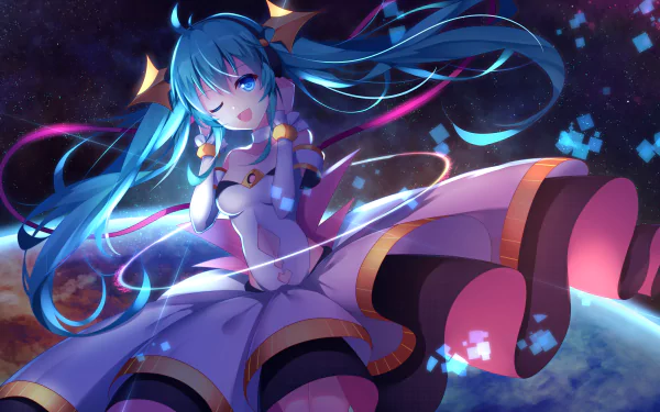 HD desktop wallpaper featuring Hatsune Miku from Vocaloid. The anime-style artwork showcases Miku with flowing turquoise hair, dressed in a futuristic outfit with a vivid, cosmic background.